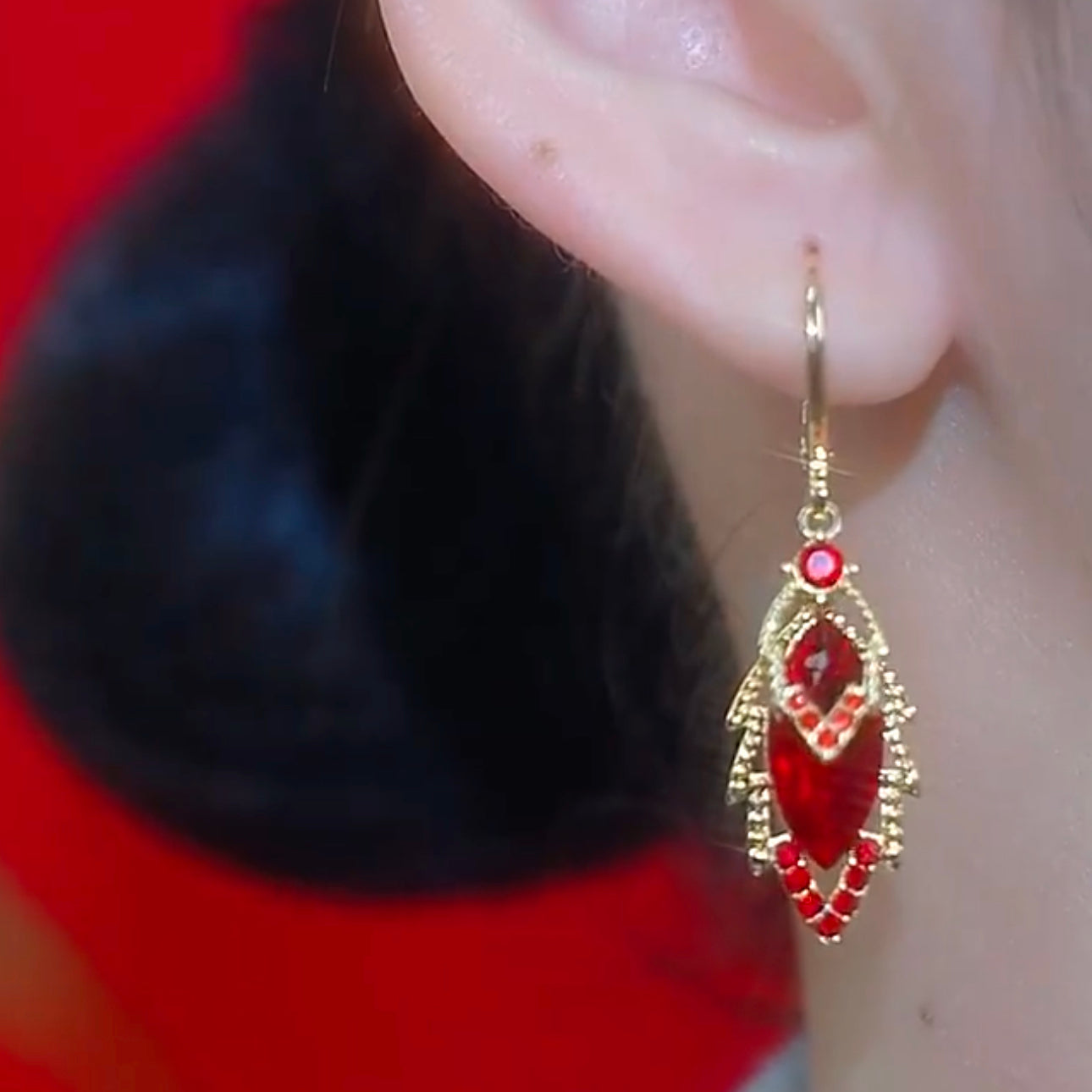 Exquisite Red Zircon Leaf Earrings With Diamonds