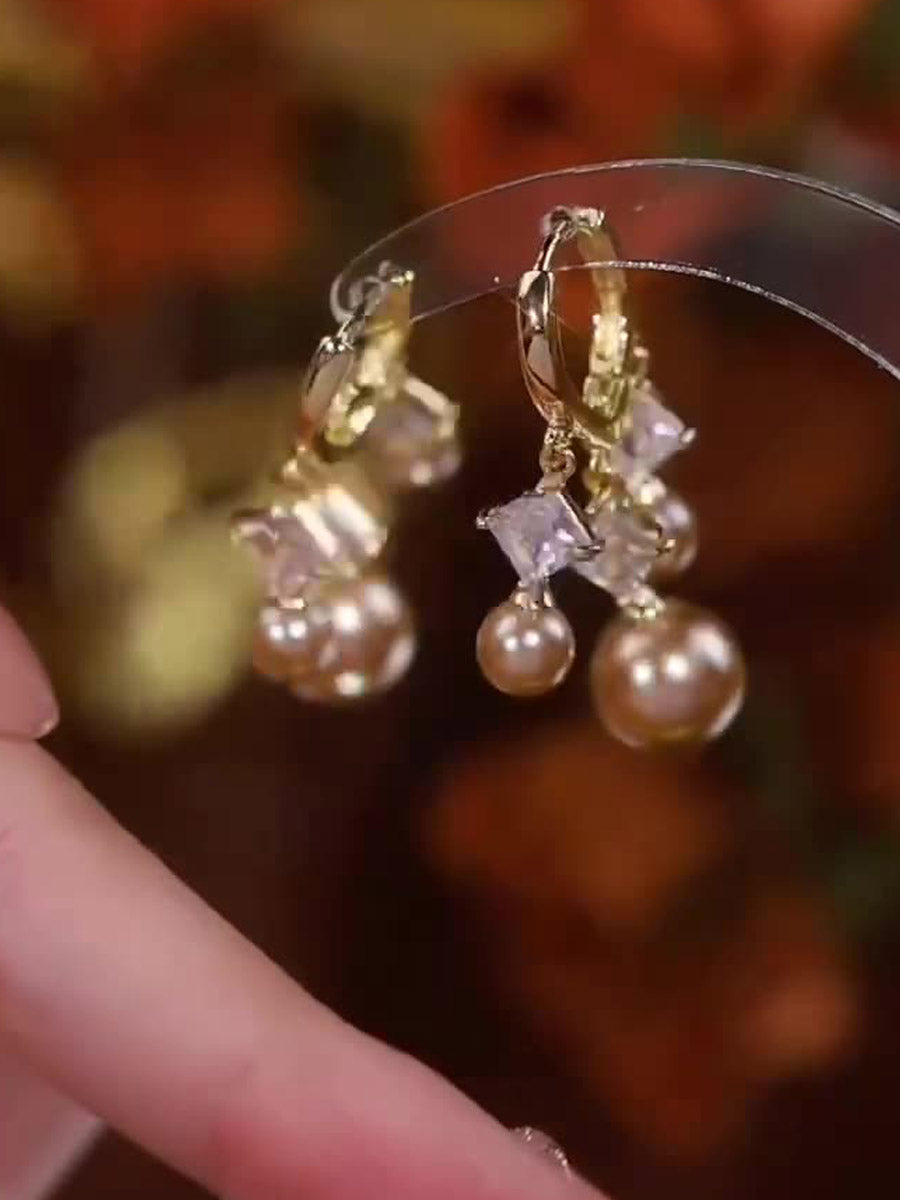 Zirconia Pearl Champagne Gold Silver Needle Earrings