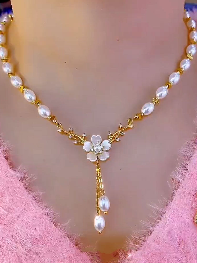 French-style High-end Floral Pearl Long Tassel Clavicle Necklace