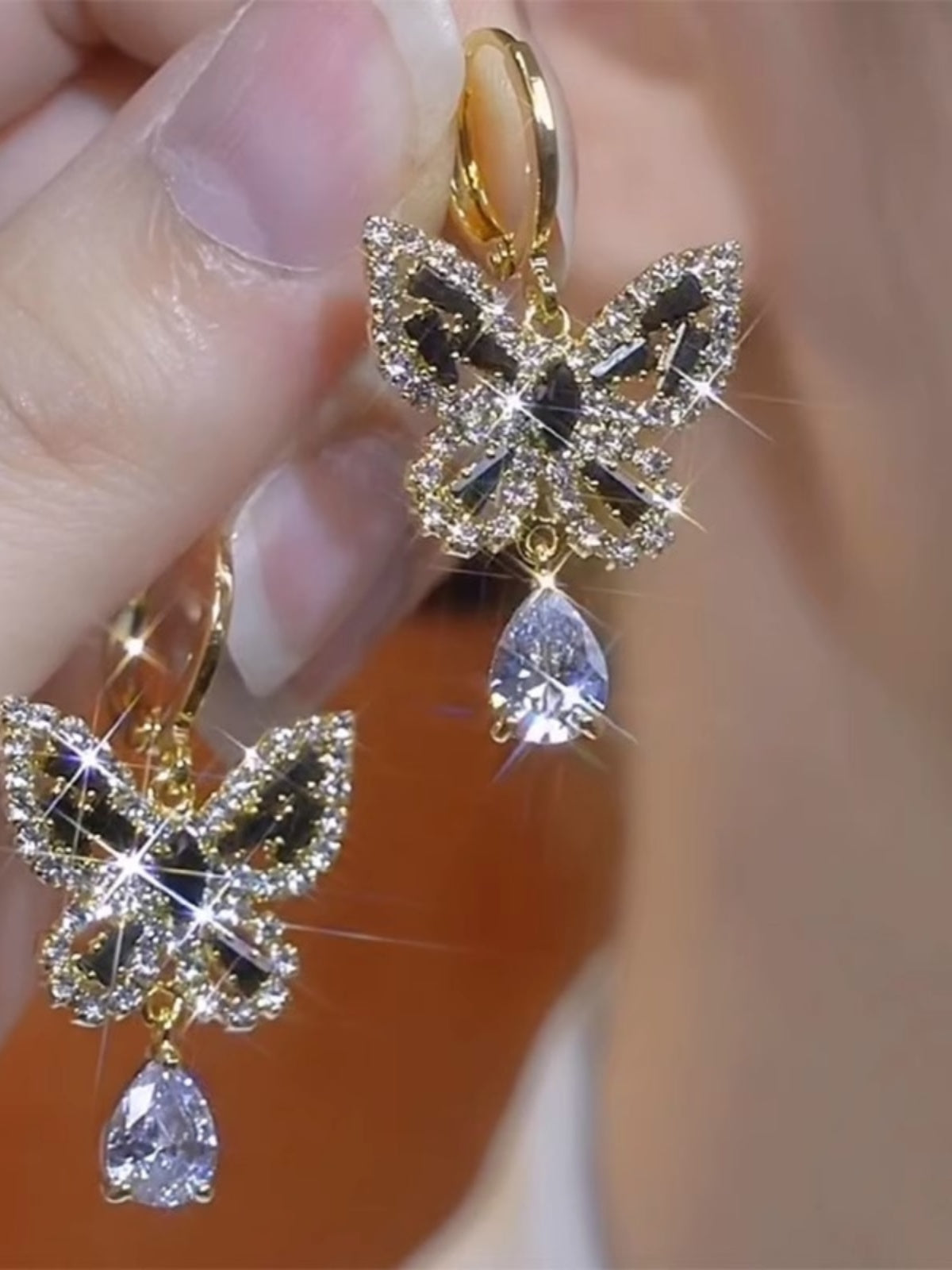 Women'S Black Zircon Sparkling Butterfly Earrings