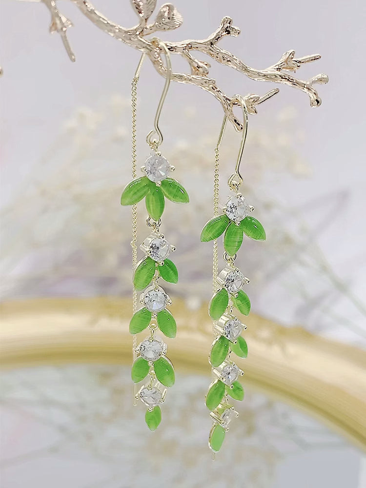 Long Green Leaf Diamond Tassel Earrings