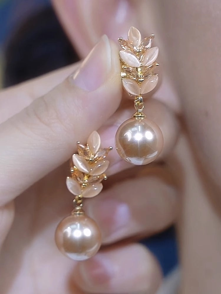 S925 Silver Needle Champagne Wheat Cat's Eye Pearl Earrings