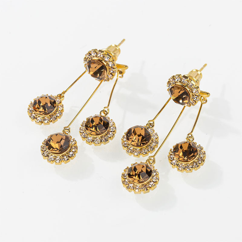 Designer-Style Light Luxury Earrings with Brown Zircon and Crystal Accents