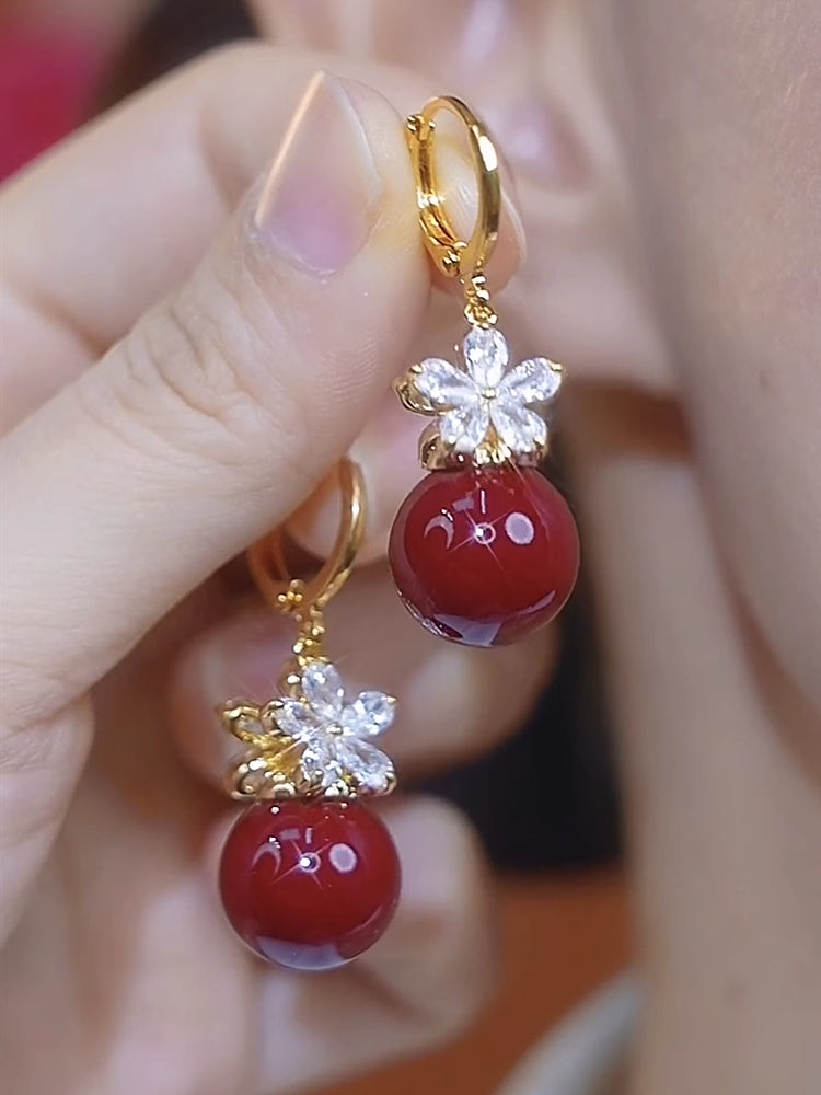 Red Pearl Zircon Flower Temperament Earrings