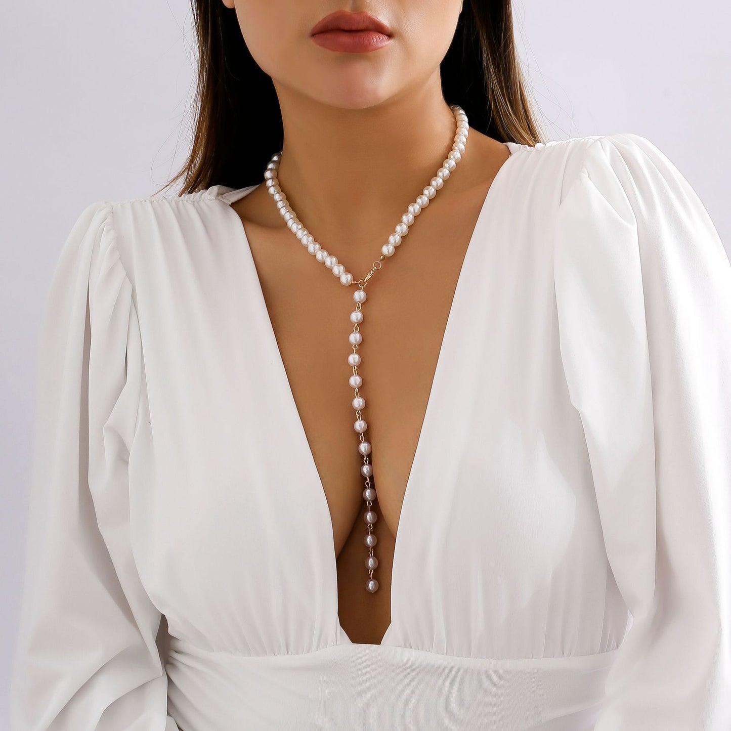 Vintage Y-förmige Perlenkette Temperament Lange Imitationsperlen Quastenkette Weibliches Accessoire