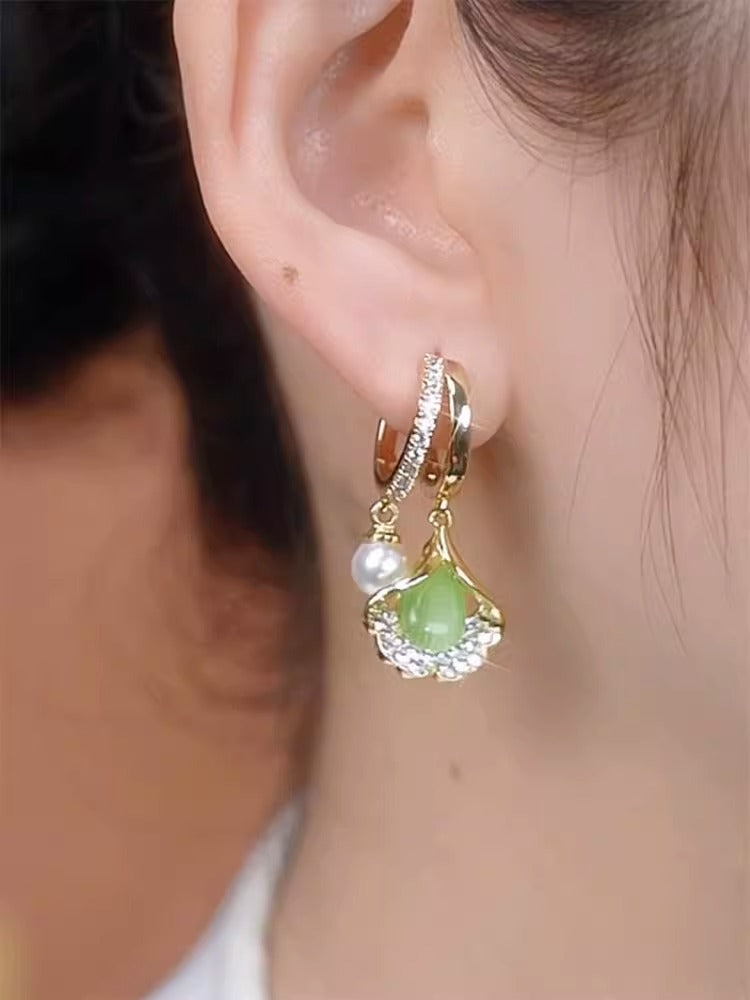 Ginkgo Leaf Temperament Cat's Eye Pearl Earrings