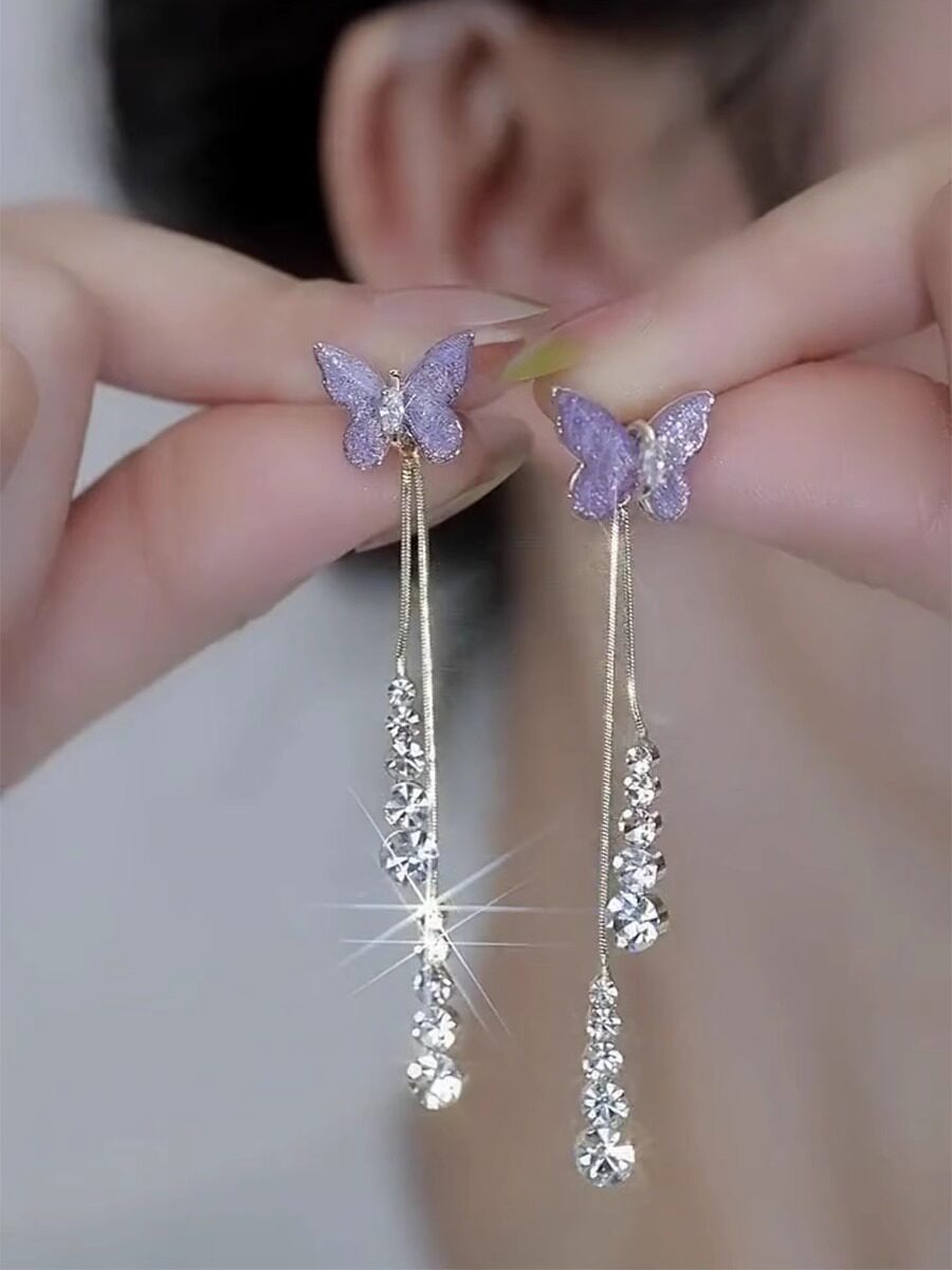 Purple Crystal Light Luxury Sparkling Diamond Butterfly Earrings