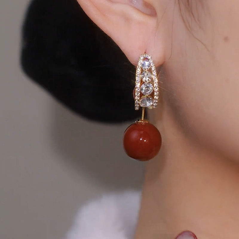 Luxury Red Pearl & Zircon Drop Earrings – Convertible 2-in-1 Silver Needle Statement Earrings