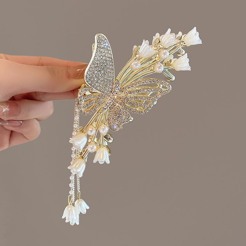 Haarspange mit Schmetterlings- und Blumenquaste für Damen, exquisiter Clip für Frühling und Sommer, großer High-End-Haifischclip