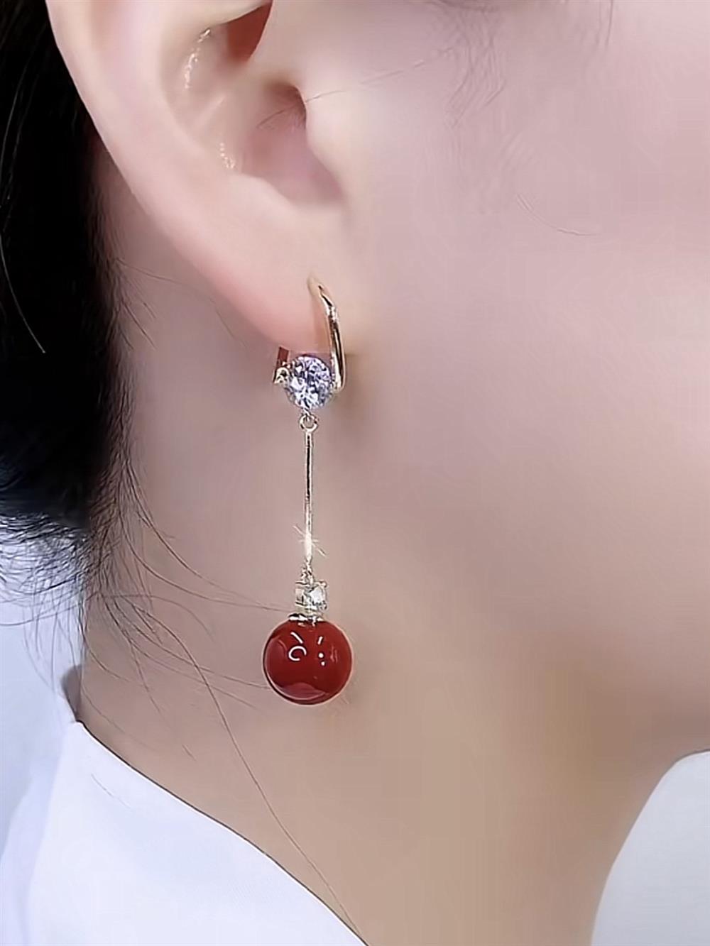 Long Zircon Tassel Red Bean Earrings For Women