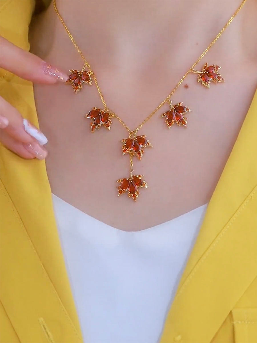 Gold And Red Diamond Maple Leaf Necklace