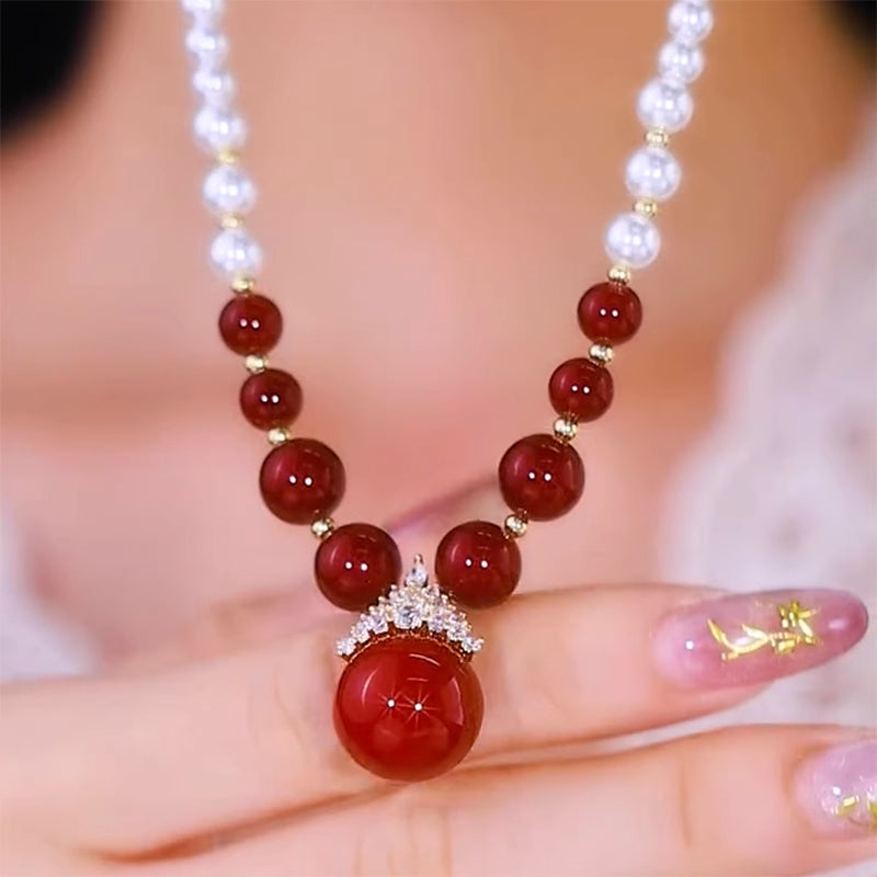 Red And White Pearl Necklace Light Luxury Women'S Fashion Jewelry