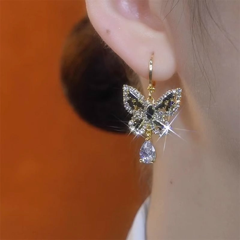 Women'S Black Zircon Sparkling Butterfly Earrings