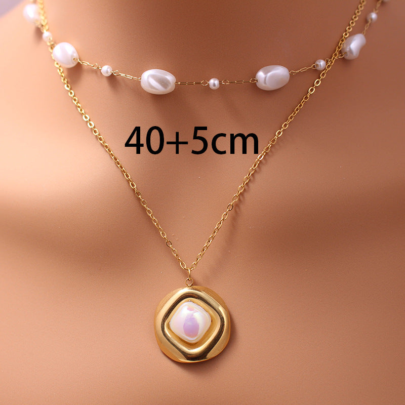 Fashionable Women'S Titanium Steel Imitation Pearl Beaded Layered Necklace