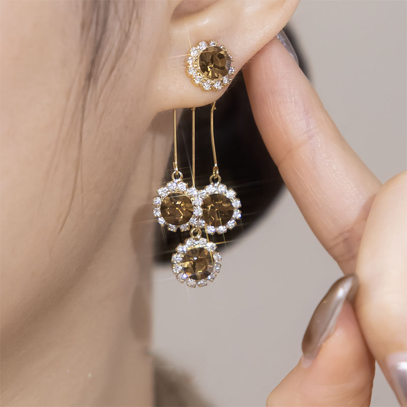 Designer-Style Light Luxury Earrings with Brown Zircon and Crystal Accents