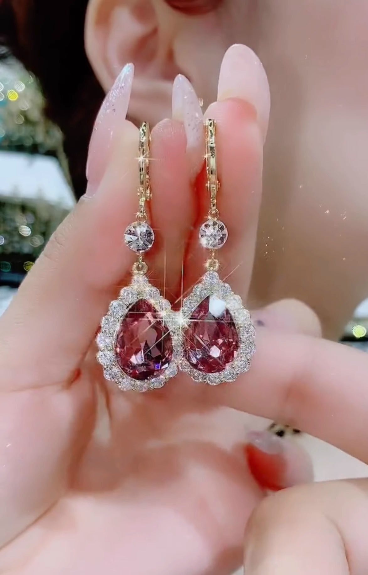 Super Flash Water Drop Earrings Temperament Purple Crystal Long Earrings For Women