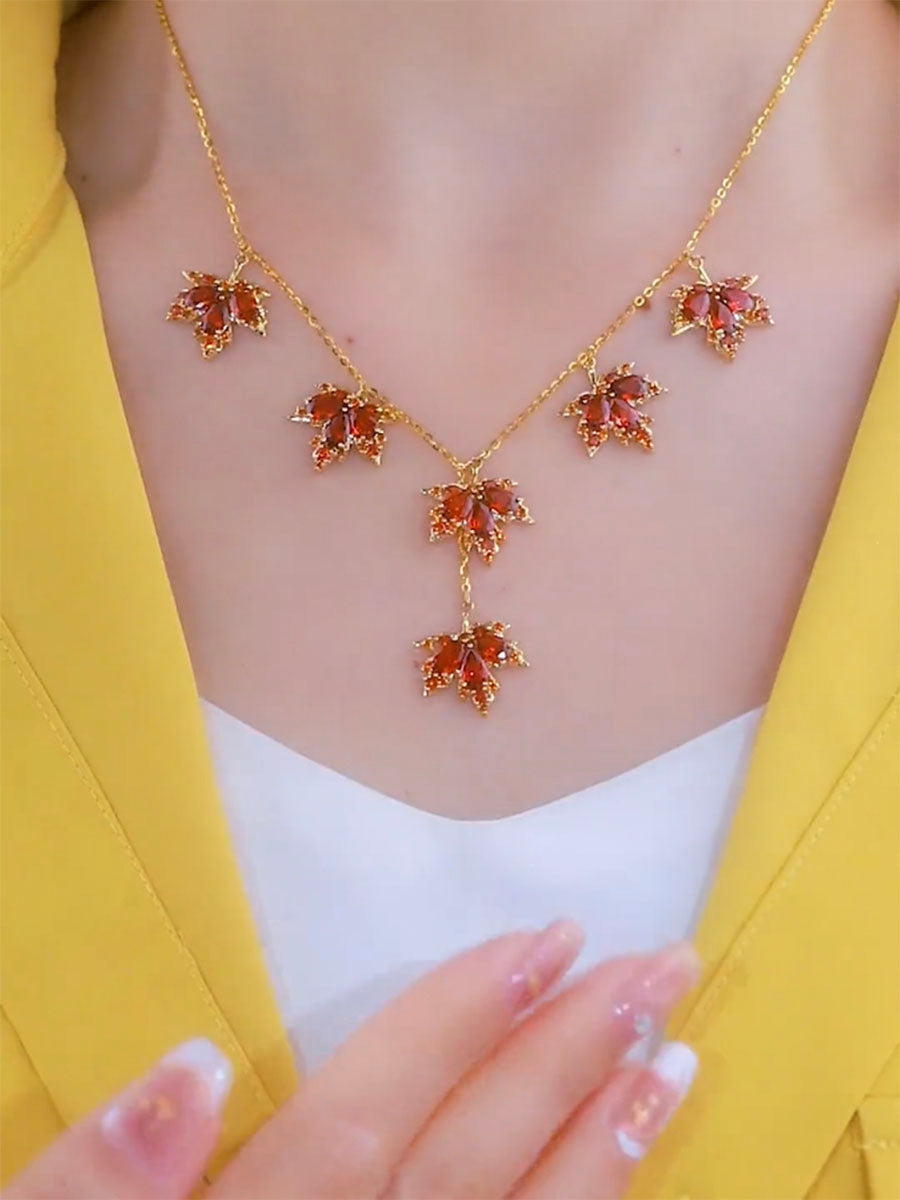 Gold And Red Diamond Maple Leaf Necklace