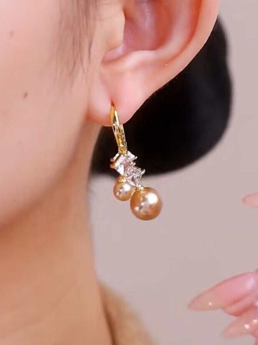 Zirconia Pearl Champagne Gold Silver Needle Earrings