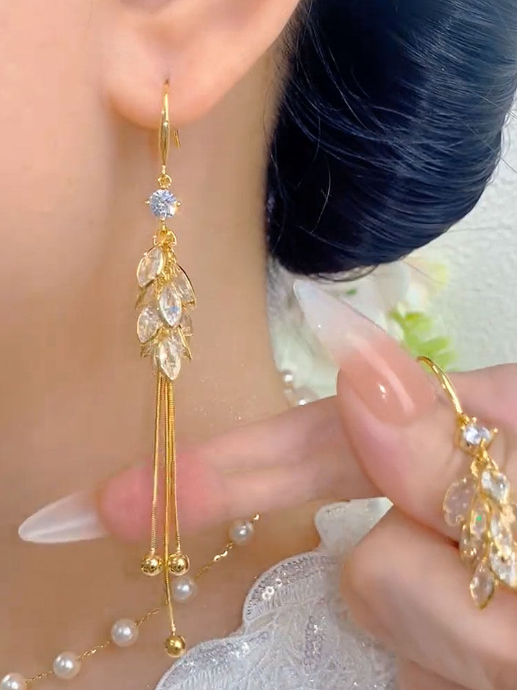 New Wheat Ear Zircon Long Tassel Ear Hook Earrings for Women