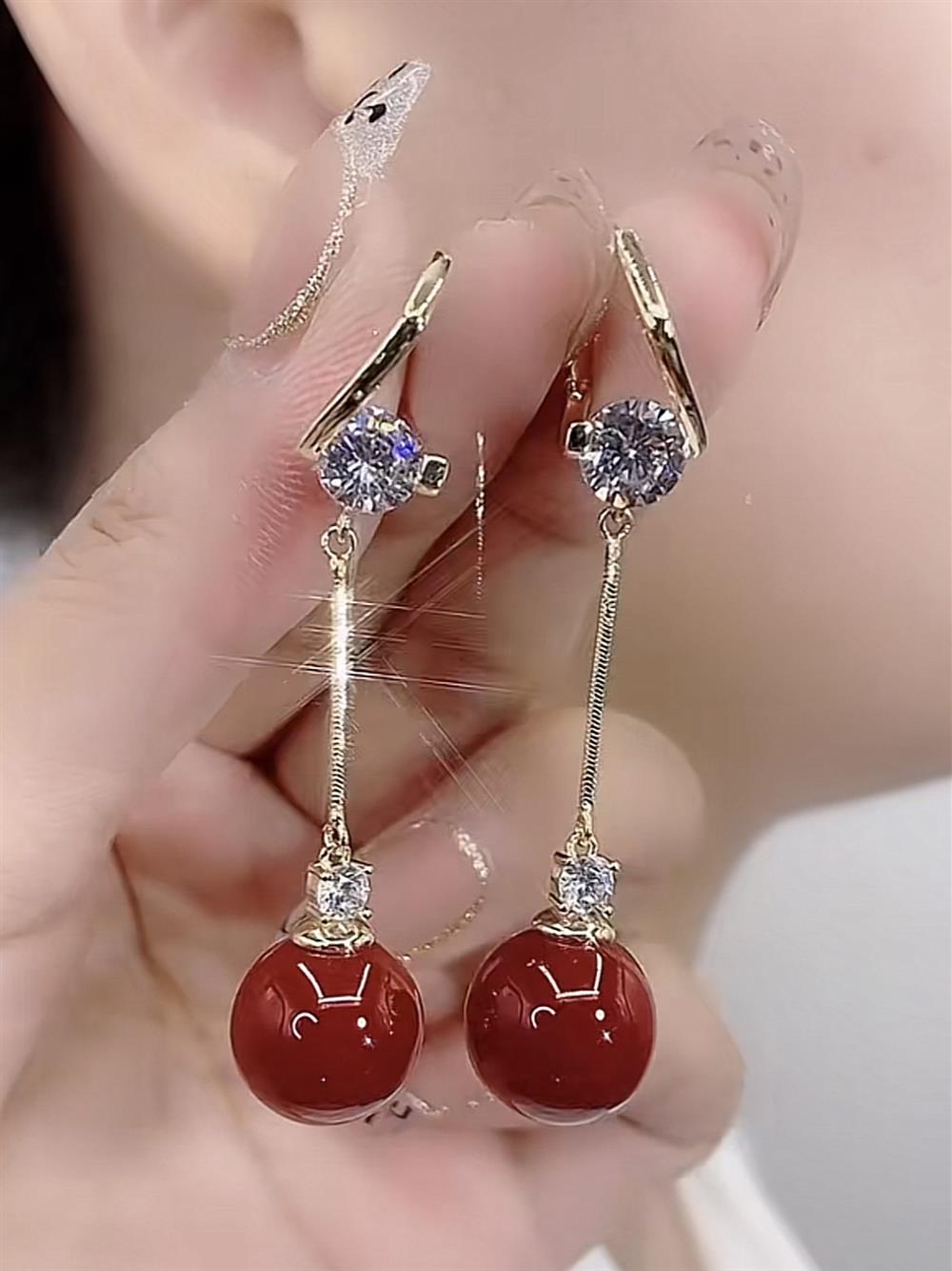 Long Zircon Tassel Red Bean Earrings For Women