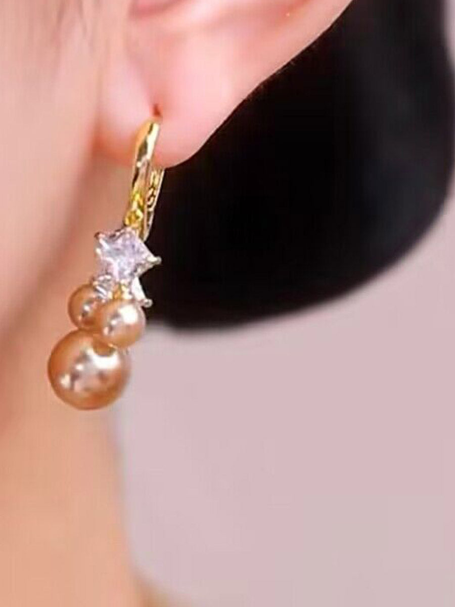 Zirconia Pearl Champagne Gold Silver Needle Earrings