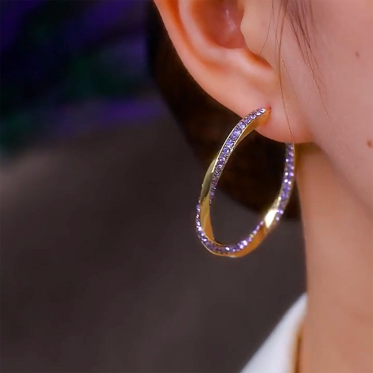 French-style Twisted Hoop Earrings With Purple Rhinestones, Elegant Earrings