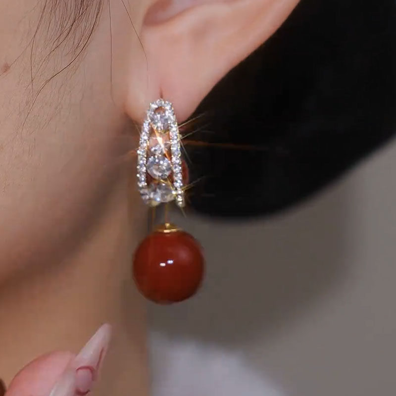 Luxury Red Pearl & Zircon Drop Earrings – Convertible 2-in-1 Silver Needle Statement Earrings