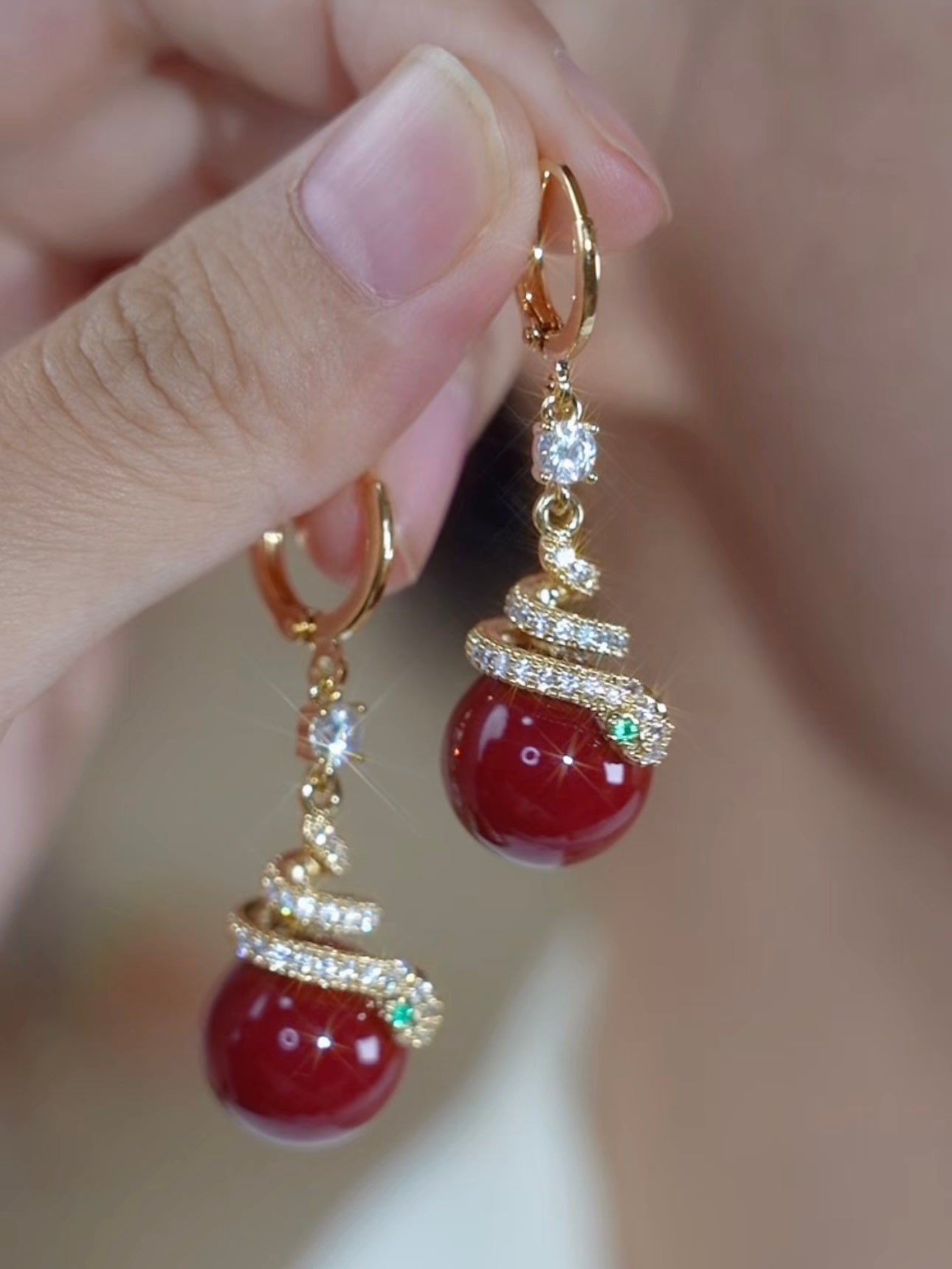 Women's Retro Red Pearl Snake Earrings