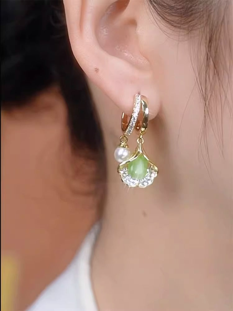 Ginkgo Leaf Temperament Cat's Eye Pearl Earrings