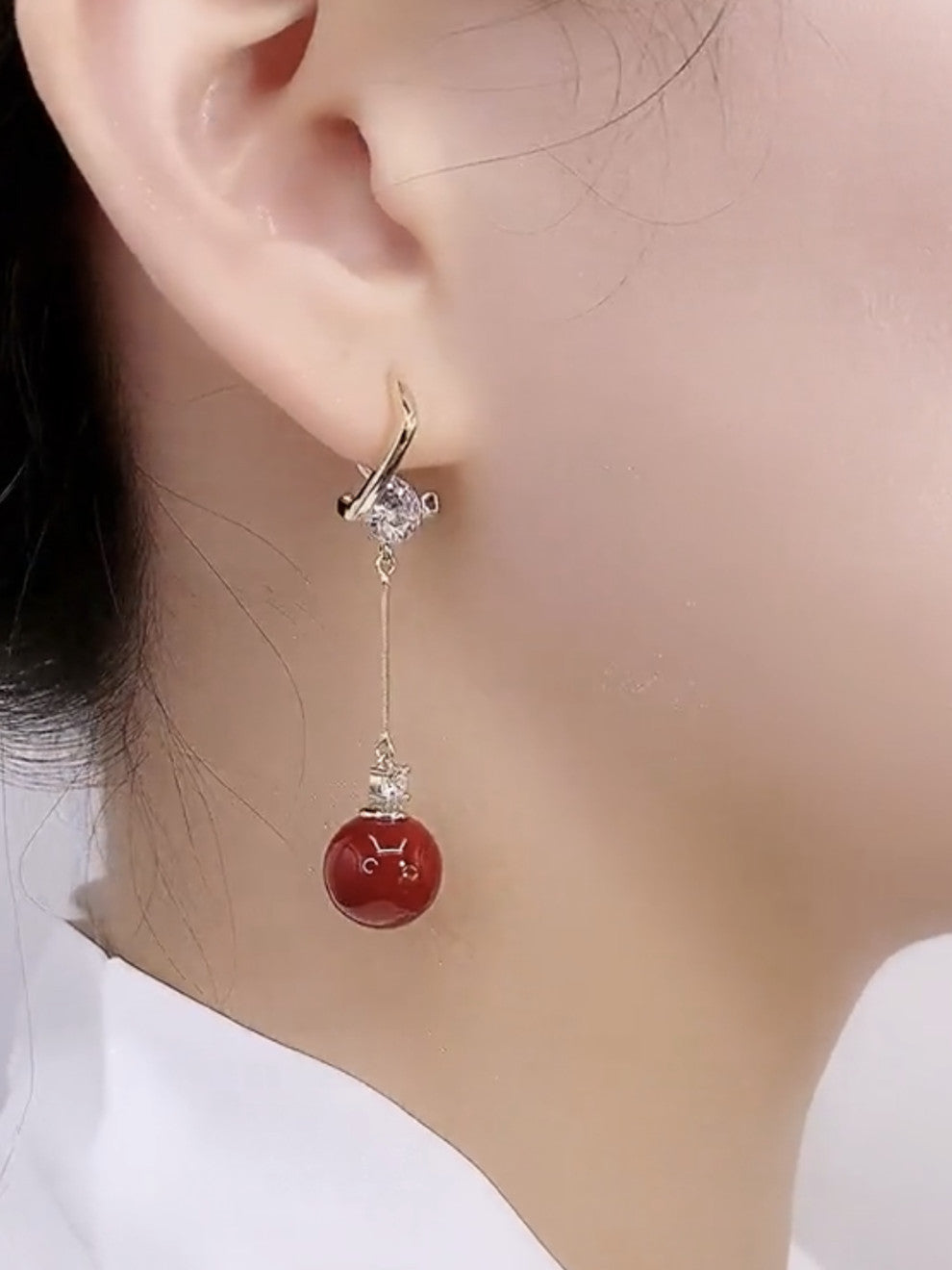 Long Zircon Tassel Red Bean Earrings For Women