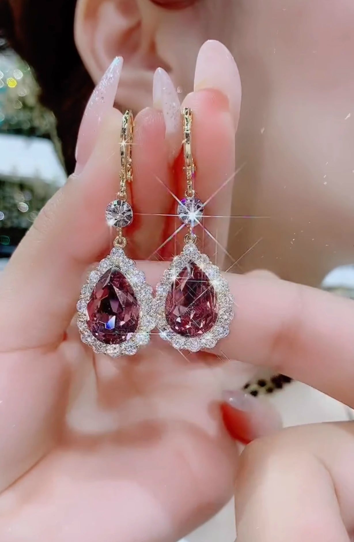 Super Flash Water Drop Earrings Temperament Purple Crystal Long Earrings For Women