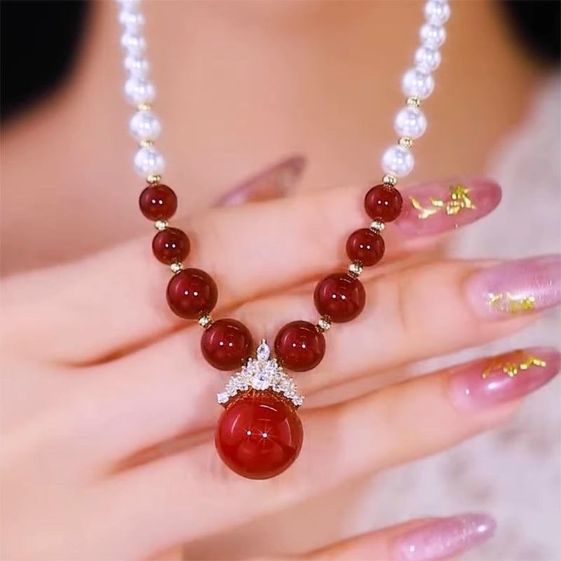 Red And White Pearl Necklace Light Luxury Women'S Fashion Jewelry