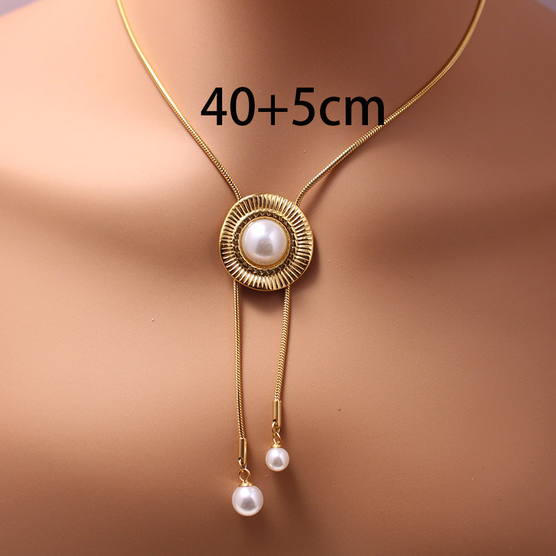 Fashionable Women'S Titanium Steel Imitation Pearl Beaded Layered Necklace