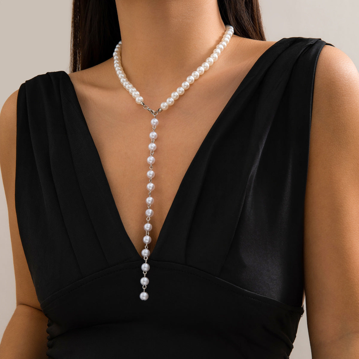 Vintage Y-förmige Perlenkette Temperament Lange Imitationsperlen Quastenkette Weibliches Accessoire