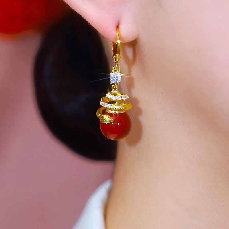 Red Snake Pearl Earrings Women'S New Year Earrings
