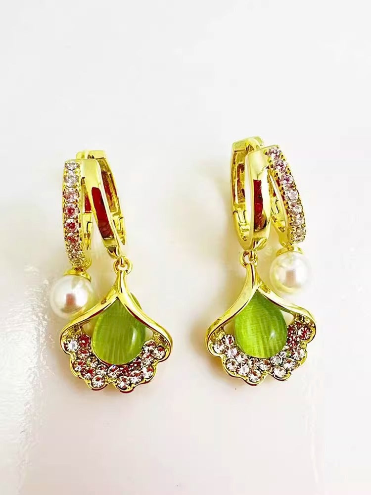 Ginkgo Leaf Temperament Cat's Eye Pearl Earrings