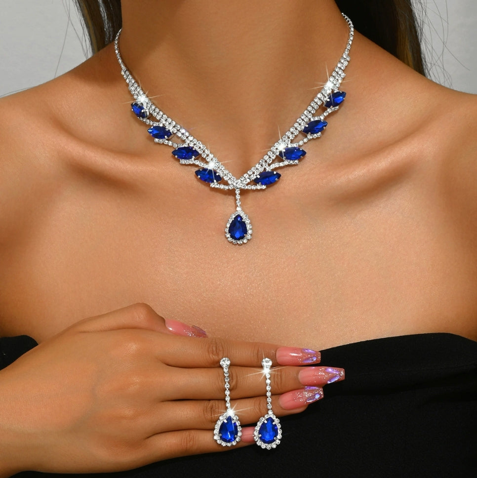 Women's Luxury Diamond Necklace Earrings Jewelry Gift Set