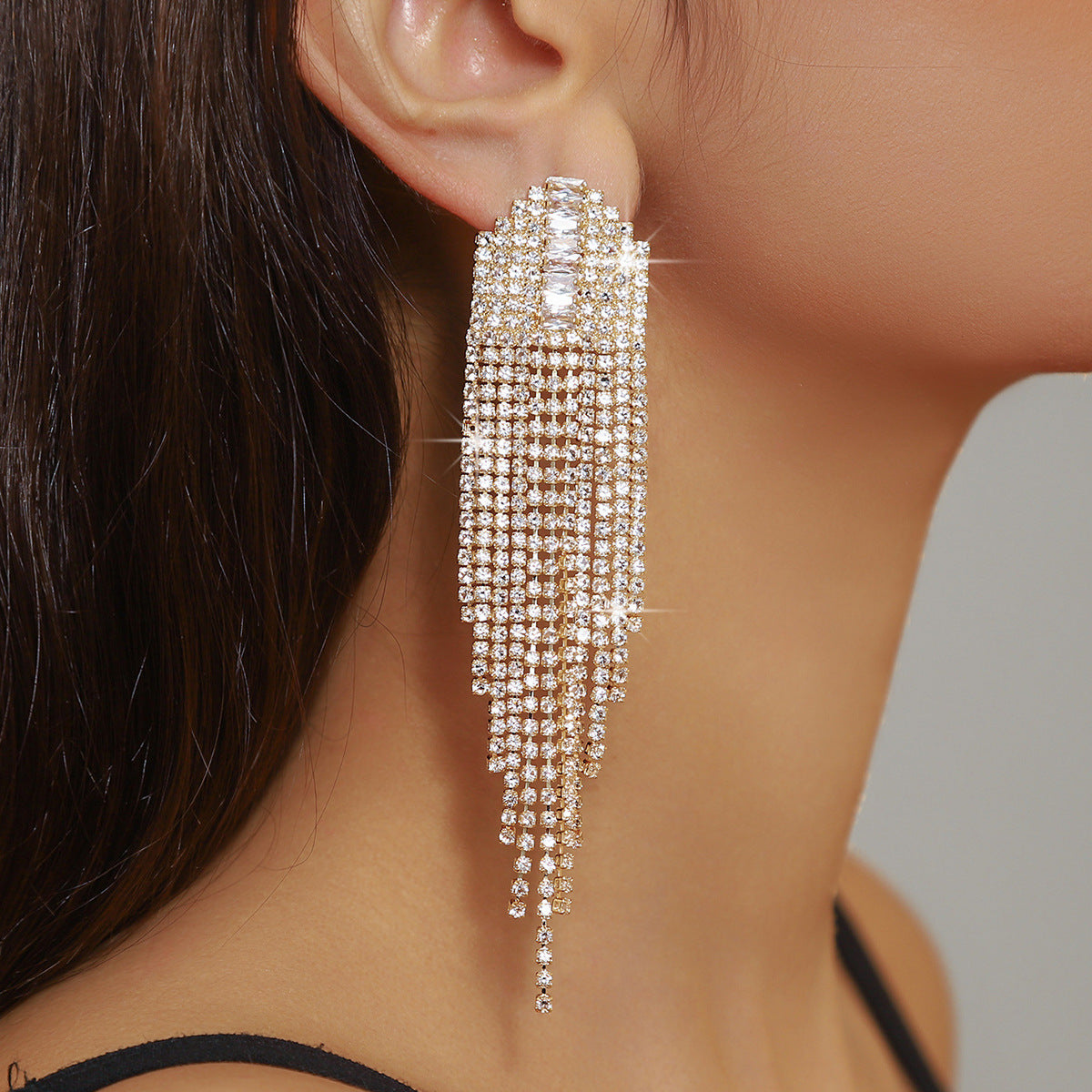 Temperament Simple Tassel Zirconia Long Earrings Rhinestone Retro Accessories