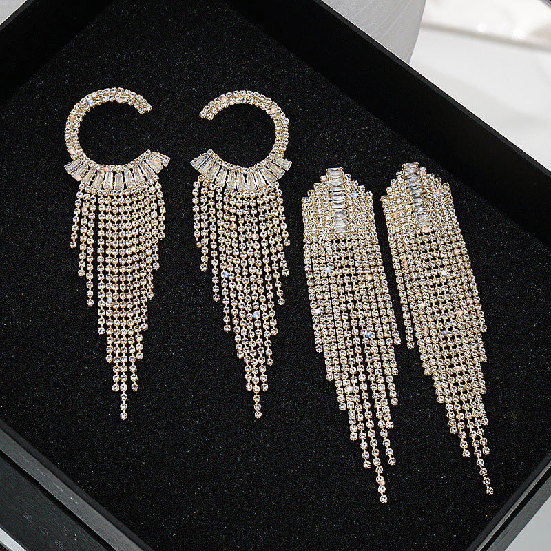 Temperament Simple Tassel Zirconia Long Earrings Rhinestone Retro Accessories
