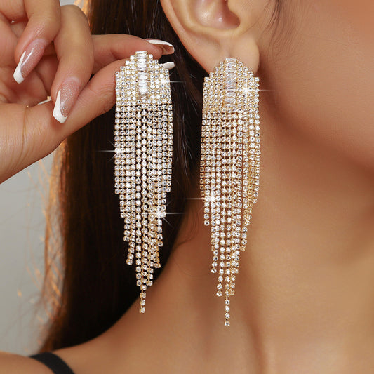 Temperament Simple Tassel Zirconia Long Earrings Rhinestone Retro Accessories