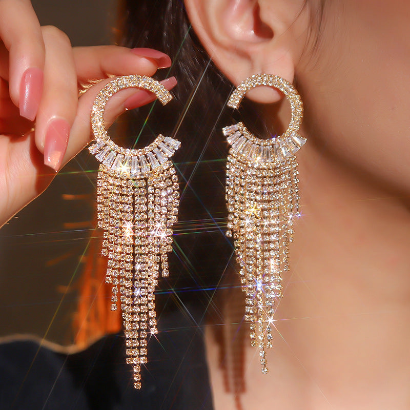 Temperament Simple Tassel Zirconia Long Earrings Rhinestone Retro Accessories