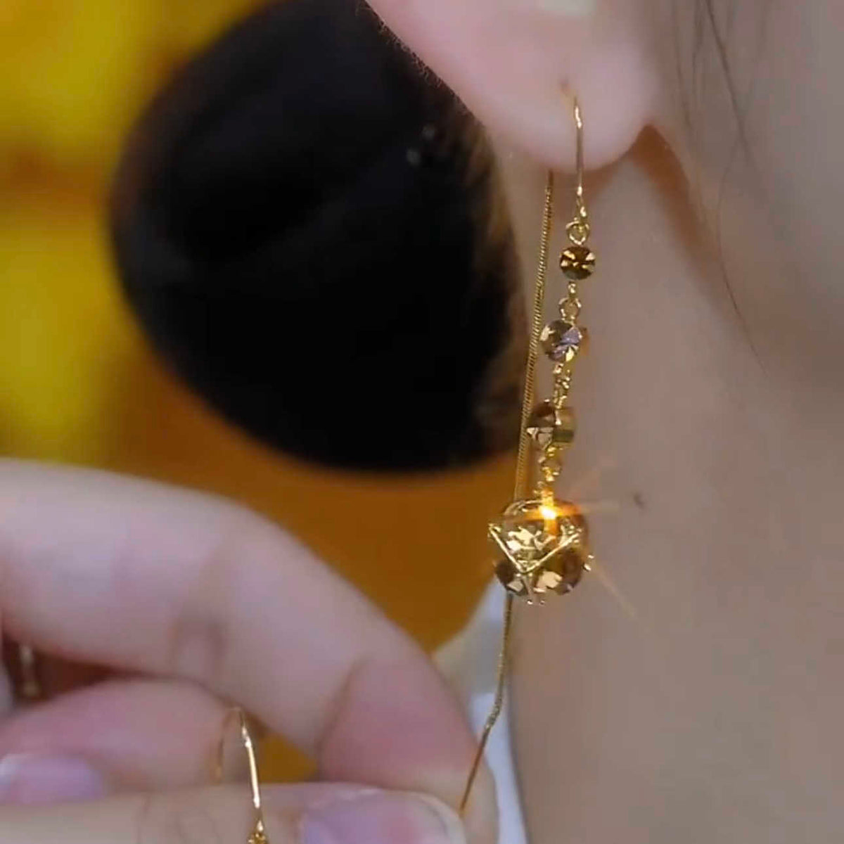 Elegant Brown Crystal Ball Tassel Threader Earrings – Sparkling Gold-Tone Long Dangle Earrings for Women