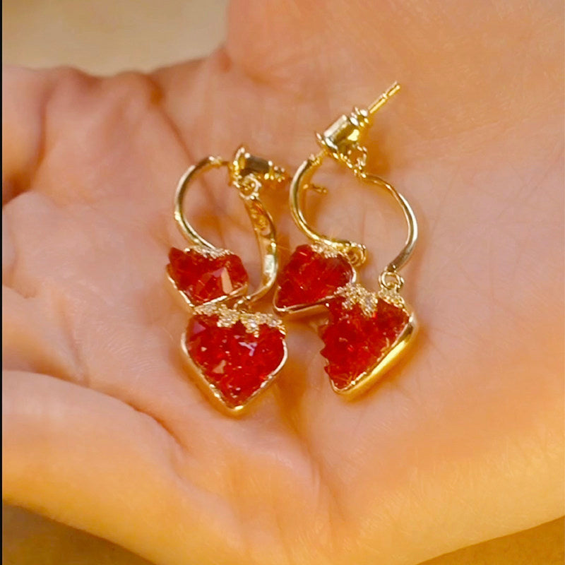 Elegant Red Heart Double-Drop Earrings – Sparkling Two-Way Statement Jewelry
