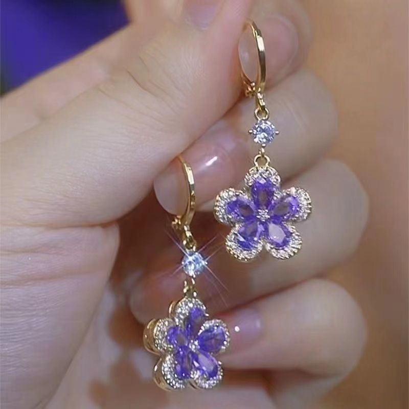 Elegant Purple Crystal Flower Drop Hoop Earrings for Women – Gold-Tone Sparkling Floral Dangle Earrings