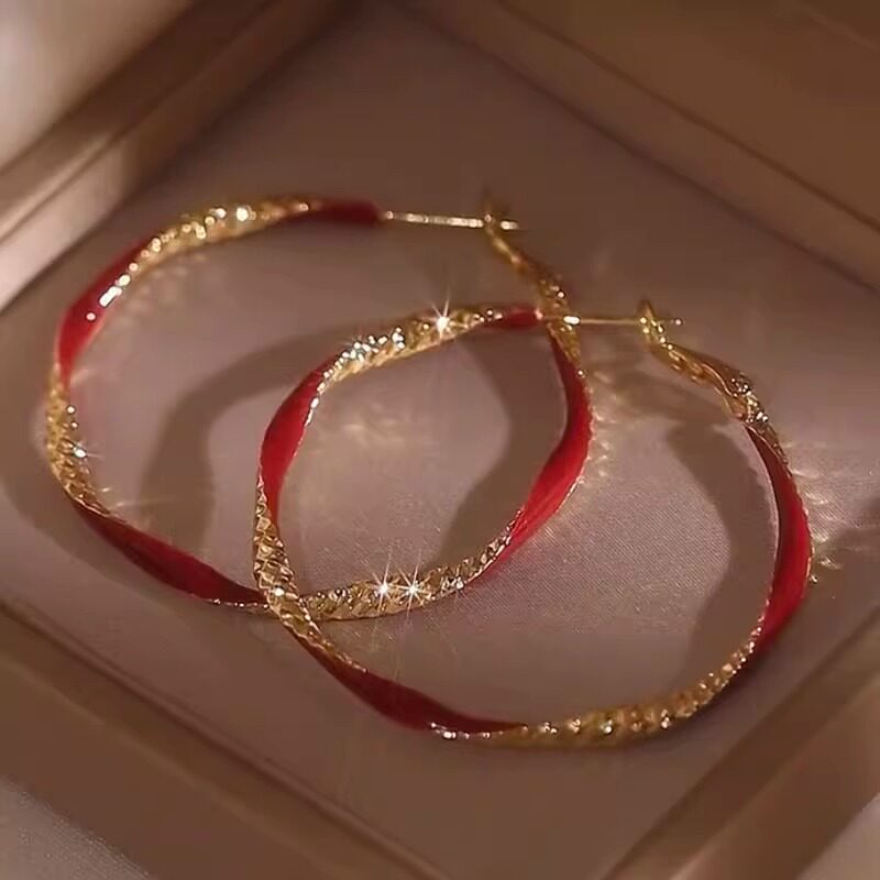 Women's Vintage-Style Red Enamel Hoop Earrings