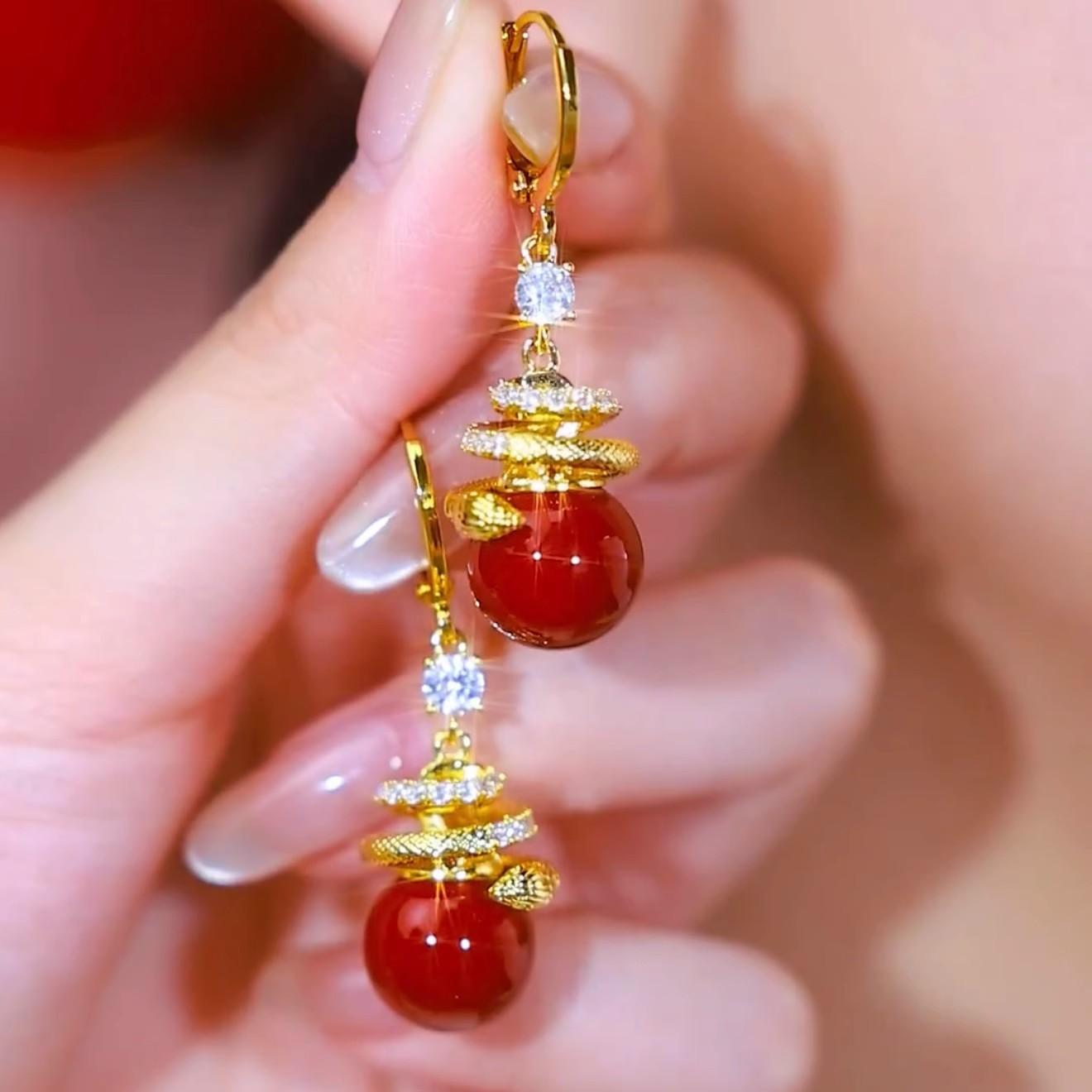Red Snake Pearl Earrings Women'S New Year Earrings