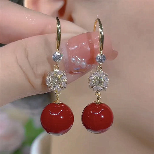 Vintage Red Pearl Earrings S925 Silver Needle Earrings