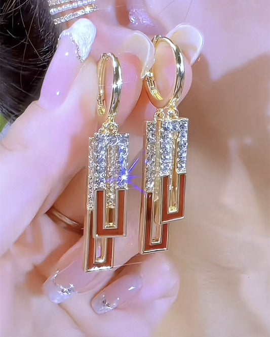 Design Retro Red Glaze Splicing Diamond Geometric Earrings For Women