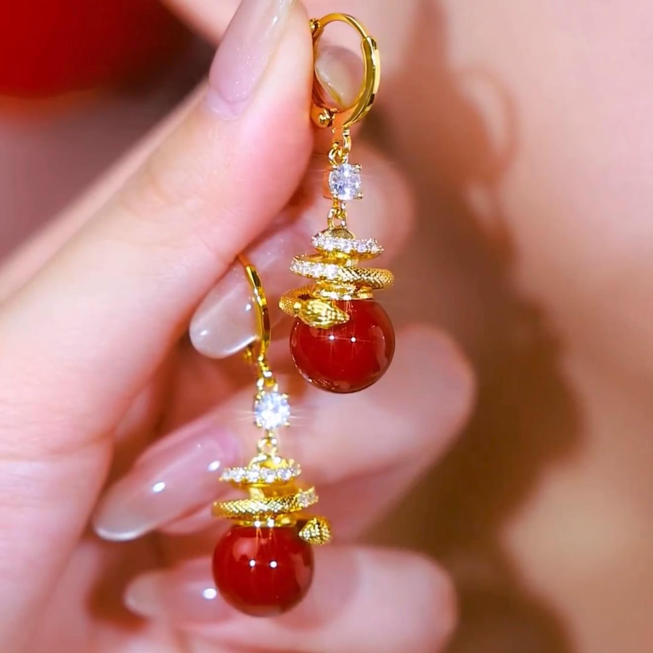 Red Snake Pearl Earrings Women'S New Year Earrings