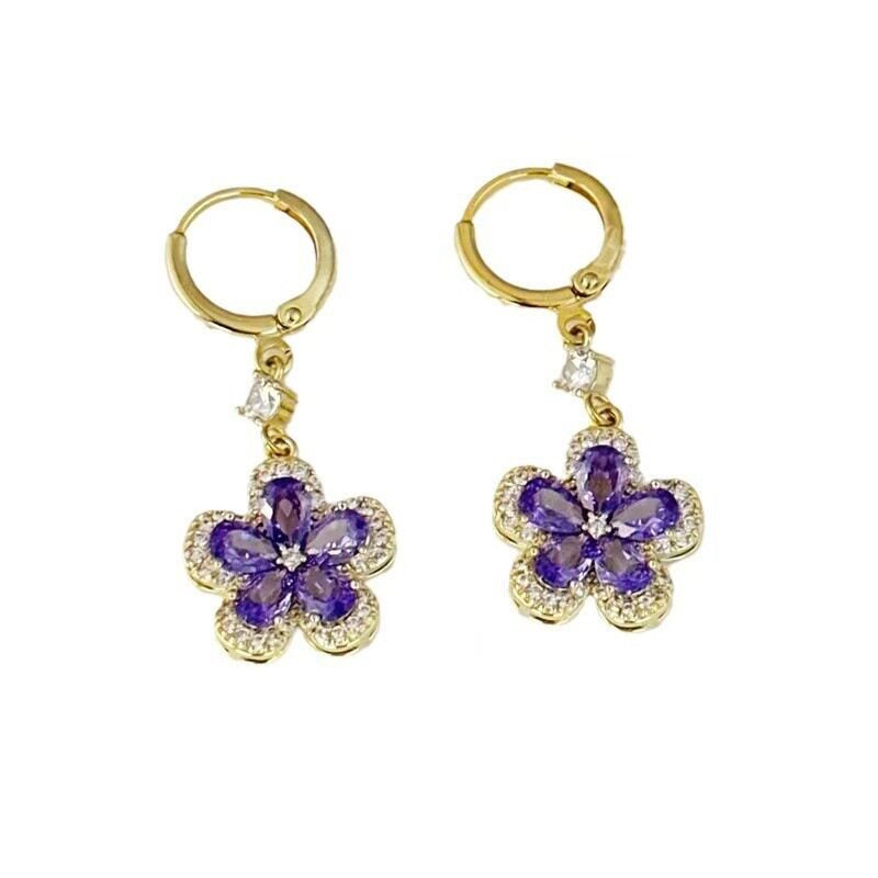 Elegant Purple Crystal Flower Drop Hoop Earrings for Women – Gold-Tone Sparkling Floral Dangle Earrings